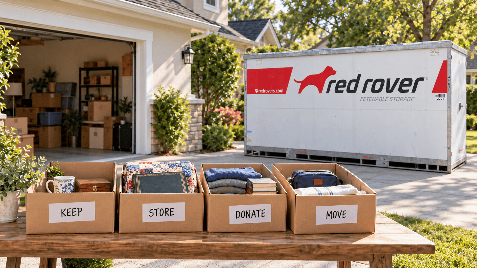 Keep, Store, Donate, and Move boxes